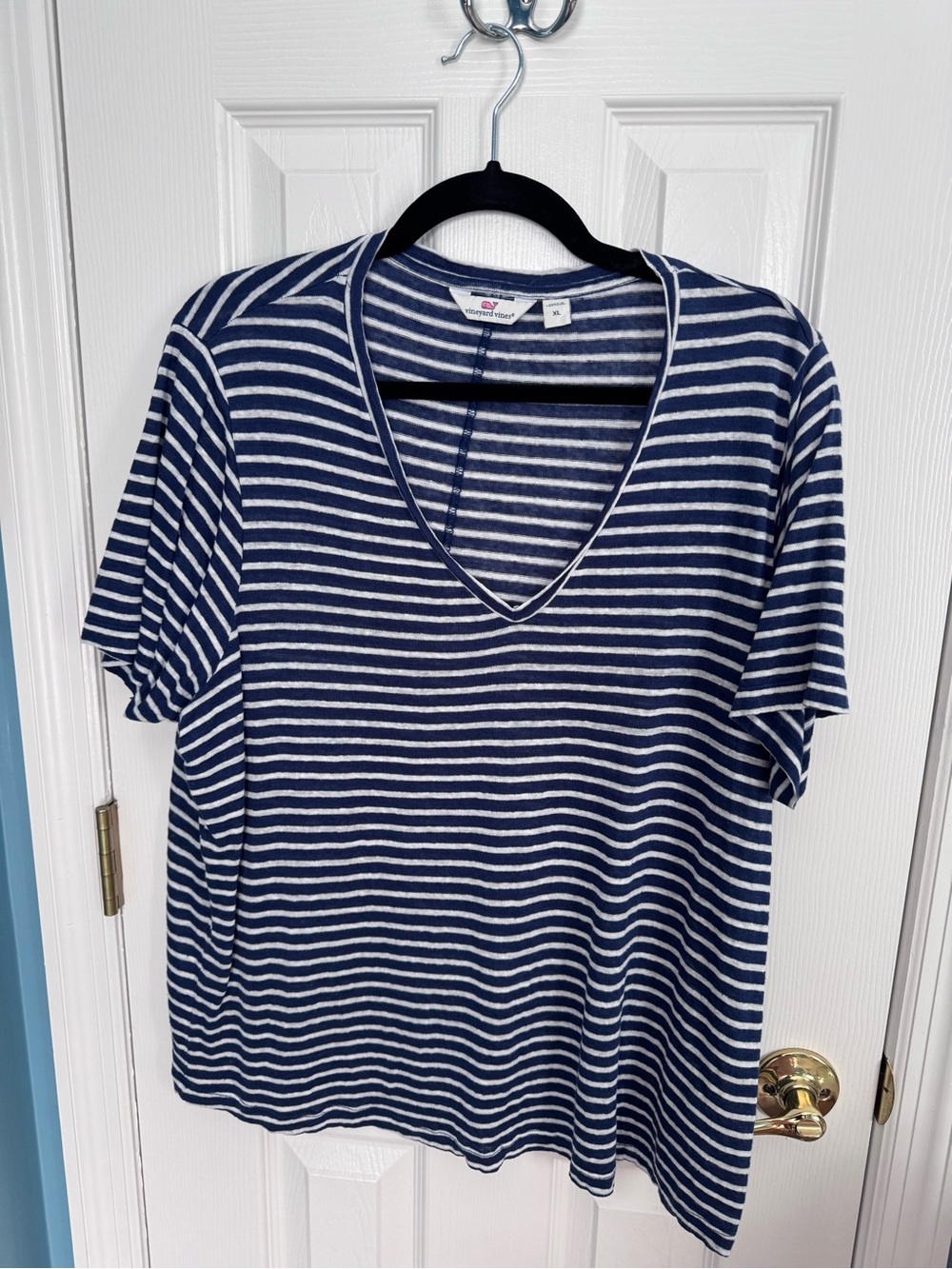 Vineyard Vines Navy and White Striped Linen V-Neck Tee